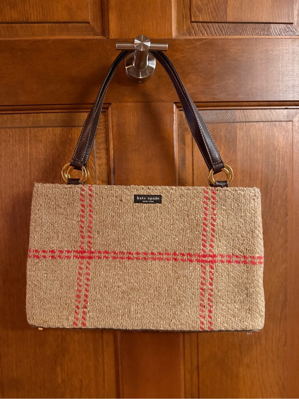 kate spade VINTAGE Made in Italy Beige Tweed Pink Plaid Suede Interior Gold Feet - Picture 1 of 14